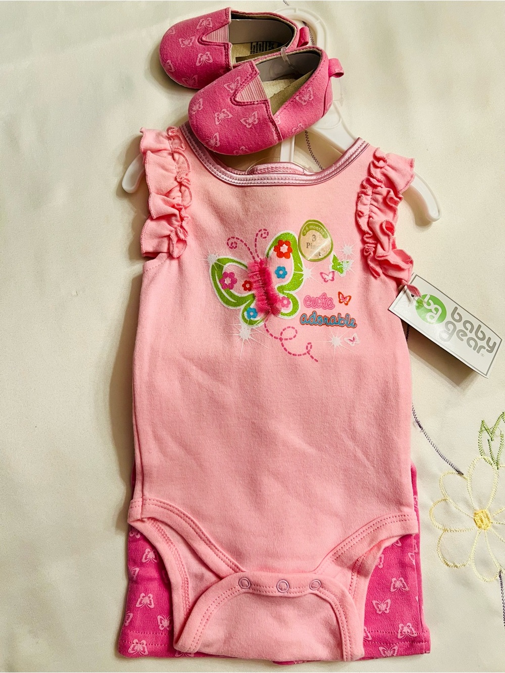 Baby Gear Pink Butterfly Ruffle Onesie Set with Matching Shoes